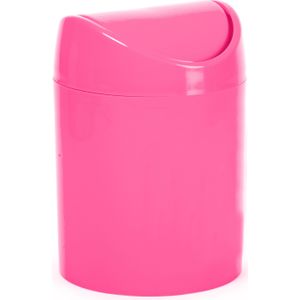Mini prullenbakje - fuchsia roze - kunststof - met klepdeksel - keuken aanrecht/tafel model - 1,4 L
