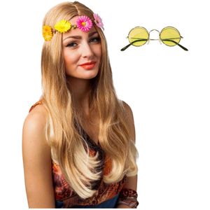 Hippie Flower Power Sixties verkleed set hoofdband met gele party bril