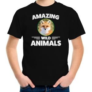 T-shirt vossen amazing wild animals / dieren zwart voor kinderen