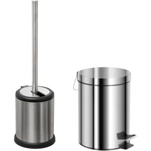 5Five - WC/Toiletborstel houder zilver rvs 39cm en pedaalemmer 5 liter