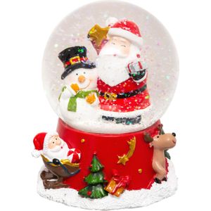 Sneeuwbol/snowglobe - rood - met kerstman en sneeuwpop - 10,5 cm - beeldje