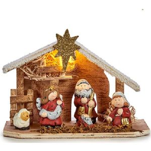 Krist+ Complete verlichte kerststal - met beeldjes - L22,5 x B8,5 x H18,5 cm -kerststal kinderen