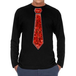 Verkleed shirt voor heren - stropdas pailletten rood - zwart - carnaval - foute party - longsleeve