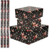 4x Rollen Kerst inpakpapier/cadeaupapier zwart/rendieren fun 2,5 x 0,7 meter