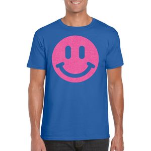 Verkleed T-shirt voor heren - smiley - blauw - carnaval/foute party - feestkleding