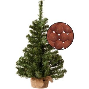 Miniboompje/kerstboom groen - met verlichting snoer bollen bruin - H60 cm