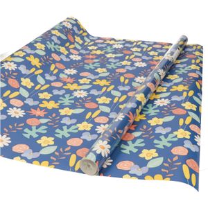 Inpakpapier/cadeaupapier - blauw met gekleurde bloemen design - 200 x 70 cm