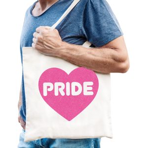 Gay Pride tas voor heren - wit - katoen - 42 x 38 cm - roze glitter hart - LHBTI