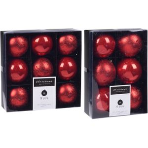 Kerstversiering kunststof kerstballen rood 6 en 8 cm pakket van 45x stuks