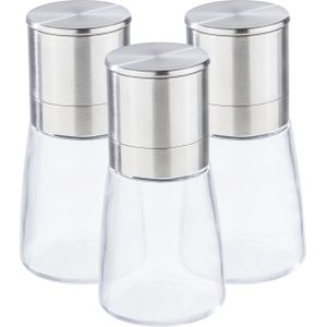 Set van 3x stuks  kruidenmolen/pepermolen/zoutmolen RVS/glas transparant/zilver 13 cm