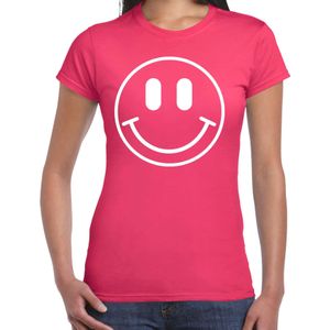 Verkleed T-shirt voor dames - smiley - roze - carnaval - foute party - feestkleding