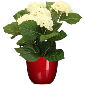 Hortensia kunstplant/kunstbloemen 36 cm - wit - in pot rood glans