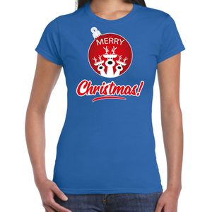 Rendier Kerstbal shirt / Kerst t-shirt Merry Christmas blauw voor dames