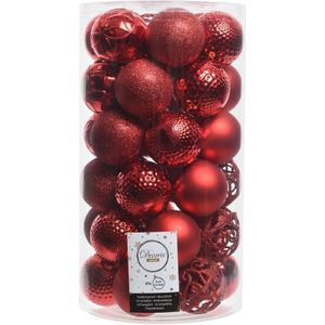 37x stuks kunststof kerstballen rood 6 cm inclusief kerstbalhaakjes