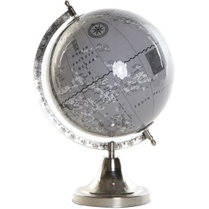 Decoratie wereldbol/globe grijs/zilver op aluminium voet 32 x 23 cm