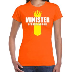 Koningsdag t-shirt Minister of rock N roll met kroontje oranje voor dames