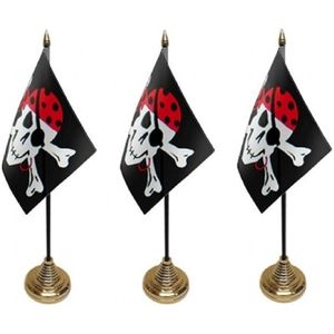 3x stuks Piratenvlaggetjes tafelvlaggetje op voetje One Eyed Jack