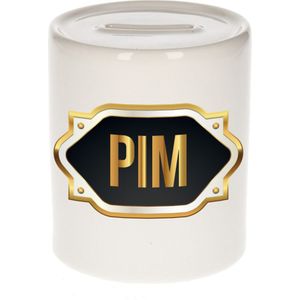 Naam cadeau spaarpot Pim met gouden embleem