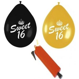 24x Sweet 16 ballonnenpakket zwart en goud inclusief pomp
