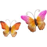 Wanddecoratie vlinders - 2x - oranje/roze - 32 x 24 cm/44 x 32 - metaal - muurdecoratie/schutting
