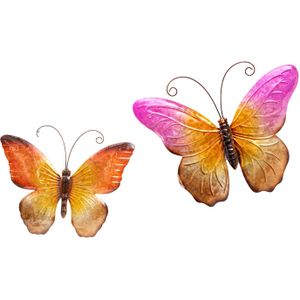 Wanddecoratie vlinders - 2x - oranje/roze - 32 x 24 cm/44 x 32 - metaal - muurdecoratie/schutting
