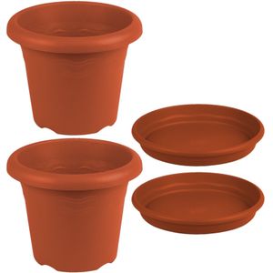 2x stuks ronde plantenpotten terra cotta met opvangschaal dia 26 cm