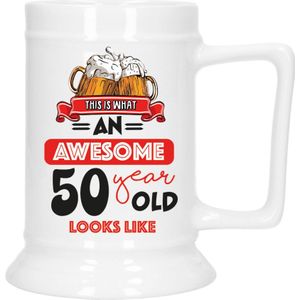 Cadeau Bierpul voor 50 jaar - rood - grappige leeftijd bierpul - keramiek - 530 ml - Abraham