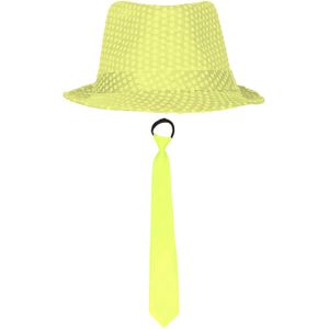 Carnaval verkleed set - hoedje en stropdas - fluor geel - volwassenen