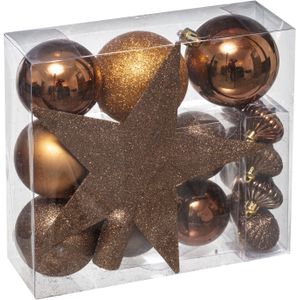 Set van 17x stuks kunststof kerstballen met ster piek kastanje bruin