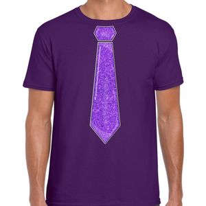 Verkleed t-shirt voor heren - stropdas glitter paars - paars - carnaval - foute party