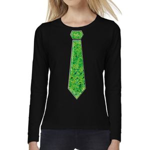 Verkleed shirt voor dames - stropdas pailletten groen - zwart - carnaval - foute party - longsleeve