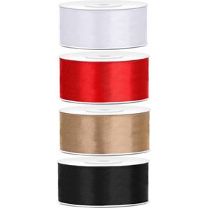 4x rollen satijnlint rood-goud-wit-zwart 2.5 cm x 25 meter