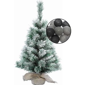 Kleine kunst kerstboom besneeuwd -incl. verlichting bollen zwart/grijs- H60 cm