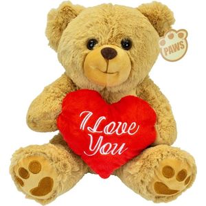 Valentijn I Love You knuffel beertje - zachte pluche - rood hartje - cadeau - 26 cm - lichtbruin