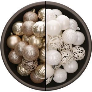 74x stuks kunststof kerstballen mix van champagne en wit 6 cm