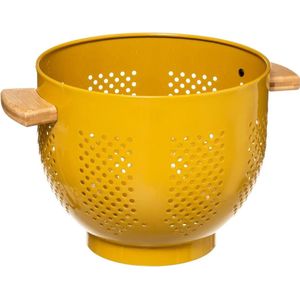 Vergiet/zeef op voet geel 22 x 18,5 cm van ijzer met bamboe handvaten - Keukenvergieten