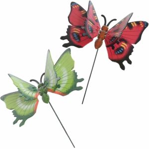 2x stuks Metalen deco vlinders rood en groen van 17 x 60 cm op tuinstekers
