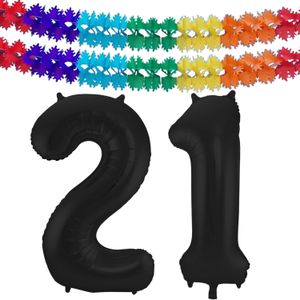 Grote folie ballonnen cijfer 21 in het zwart 86 cm en 2x feestslingers