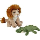 Safari dieren serie pluche knuffels 2x stuks - Krokodil en Leeuw van 15 cm