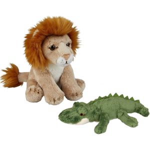 Safari dieren serie pluche knuffels 2x stuks - Krokodil en Leeuw van 15 cm