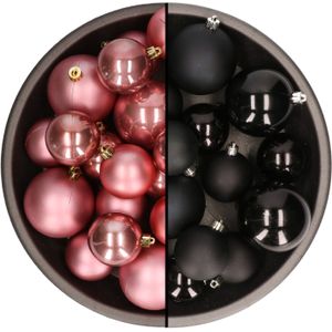 Kerstversiering kunststof kerstballen mix zwart/oud roze 6-8-10 cm pakket van 44x stuks