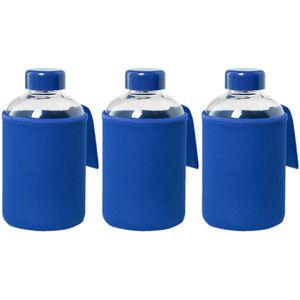 3x Stuks glazen waterfles/drinkfles met blauwe softshell bescherm hoes 600 ml