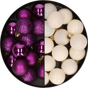 Kleine kerstballen - 28x st - wol wit en paars - 3 cm - kunststof
