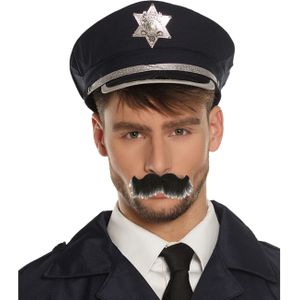 Carnaval verkleed politiepet - met politie thema plaksnor - blauw - heren - verkleedkleding