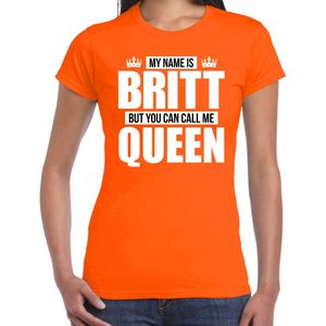 Naam cadeau t-shirt my name is Britt - but you can call me Queen oranje voor dames