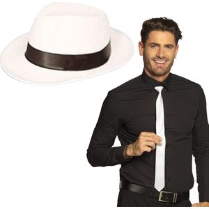 Carnaval verkleed Gangster/maffia set witte hoed met stropdas wit