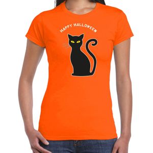Halloween verkleed t-shirt voor dames - zwarte kat - oranje - themafeest outfit
