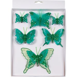 6x stuks decoratie vlinders op clip groen 5, 8 en 12 cm