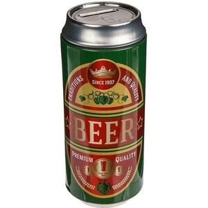 Spaarpot blikje Bier/Beer - metaal - groen/rood - Drank thema - 16 cm
