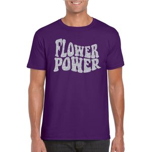 Paars Flower Power t-shirt met zilveren letters heren